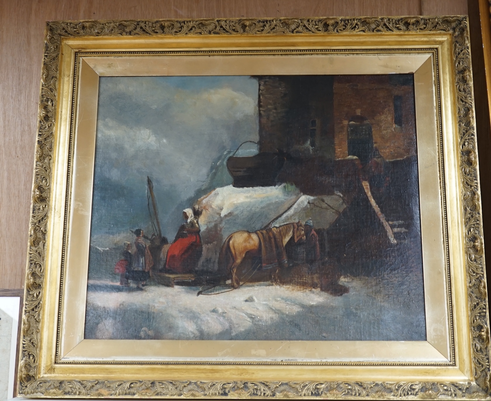Late 19th century, oil on canvas, Figures and resting horse before buildings, unsigned, 44 x 53cm. Condition - fair to good